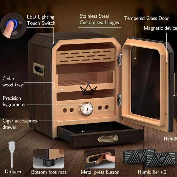 Cave à cigares Prestige Cedar Lux — cèdre, LED tactile, 100-150 cigares, tiroir vitré, 2 humidificateurs, hygromètre façade, Noyer ou Carbone – 11/15