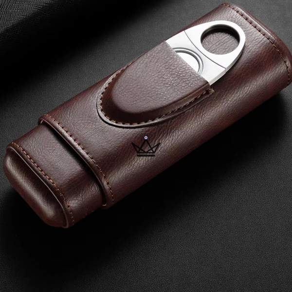 Étui à cigares Mirlos Wood — cuir & cèdre espagnol, 2 ou 3 cigares, coupe-cigare inclus, 2 cigares / Chocolat