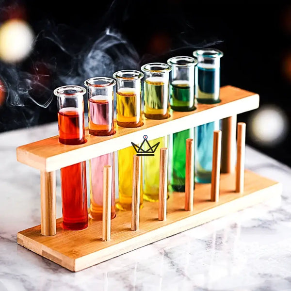 Portoir à éprouvettes en bois et éprouvettes en verre borosilicaté — CORNUE, 6 tubes seules