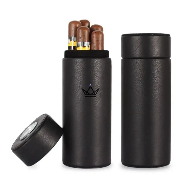 ORBAL Edition Reisehumidor – zylindrisch, Echtes Leder & Zedernholz, 5 bis 10 Zigarren, Schwarz oder Braun – 8/13
