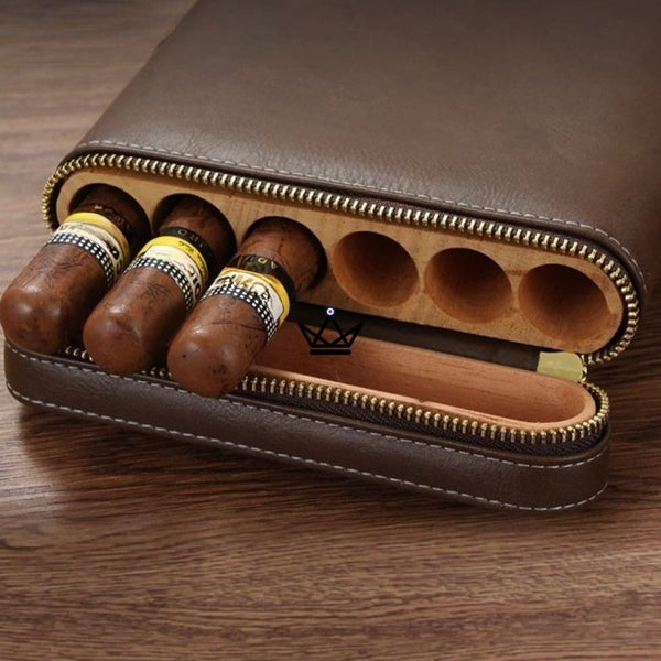Etui de voyage cuir COHIBA ZIPY - 6 cigares portable luxe cadeau homme indispensable humidificateur inclus marron
