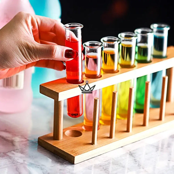 Portoir à éprouvettes en bois et éprouvettes en verre borosilicaté — CORNUE, 6 tubes + support