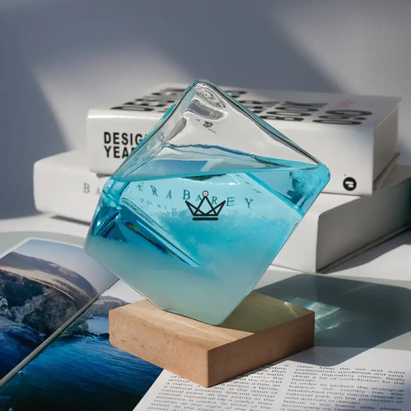 Glass cube storm glass barometer on wooden base - FROST