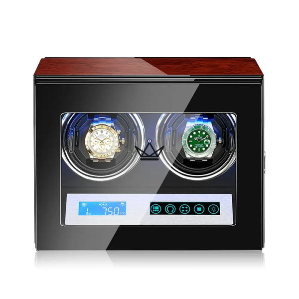 Remontoir Montre Automatique WINDER LUX — Bois & Verre, 2 à 12 Montres, LCD, Anti-Magnétique, 2 slots