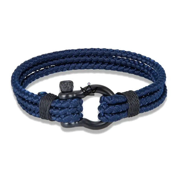 Bracelet cordage tressé à manille marine en acier noir — BOSCO, 1 bracelet / Bleu marine / S