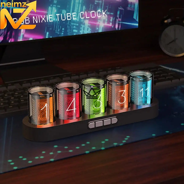 Horloge effet Nixie RVB à tubes transparents, socle ovale — CHROMA, Noir