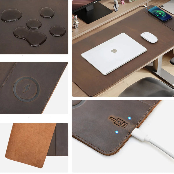 Customizable XXL Leather Mouse Pad with Wireless Charger - Magellan Traveler