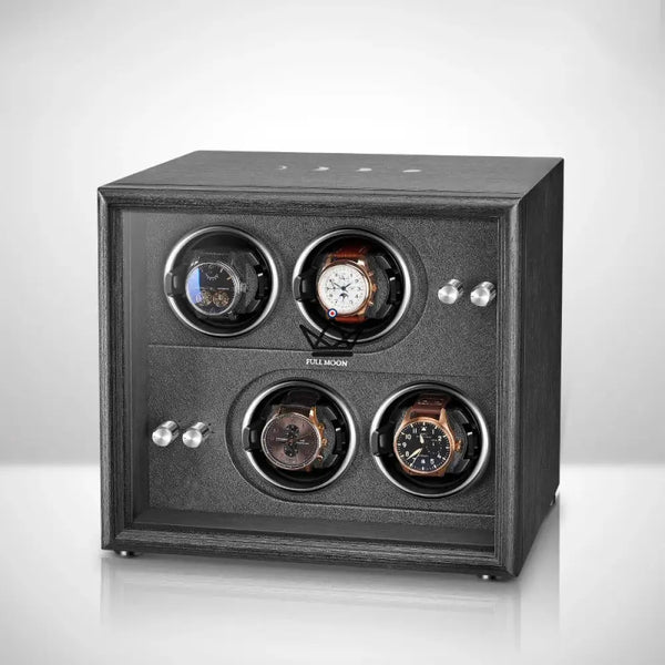 Automatic Watch Winder FULL MOON — Moon Phases, LED, Anti-Magnetic, 2 or 4 Watches, 4 Pitches / Black