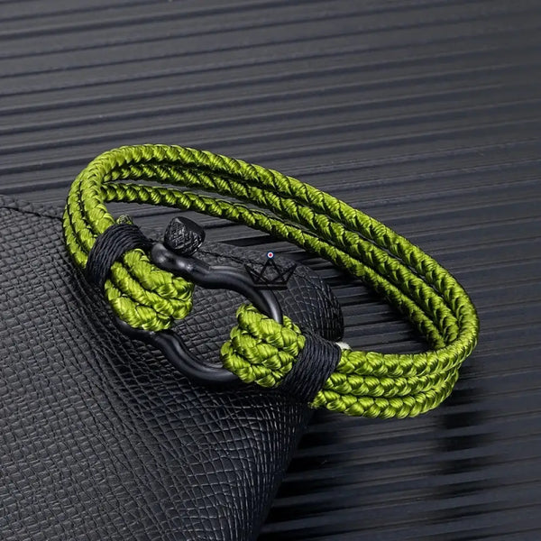 Bracelet cordage tressé à manille marine en acier noir — BOSCO, 1 bracelet / Vert olive / S