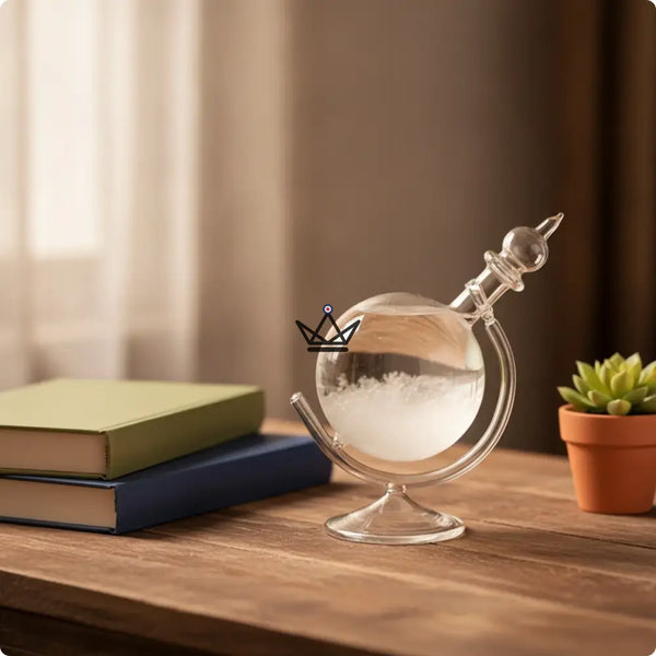 Baromètre à cristaux globe en verre storm glass — AURORE, Cristal – pied en verre