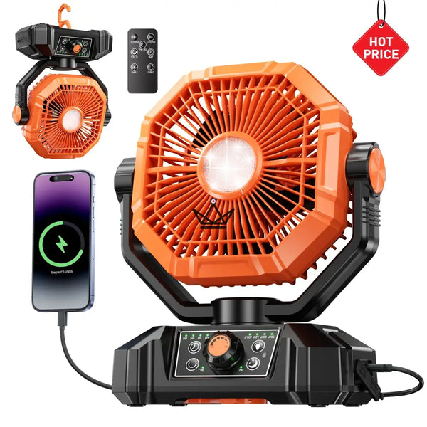 Ventilateur portable sur batterie NOELY — 20 000 mAh, LED & Power Bank, Orange