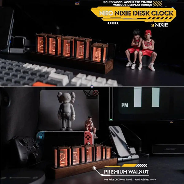 Horloge effet Nixie RVB en bois massif à monter, 6 tubes — FILAMENT – 4/9