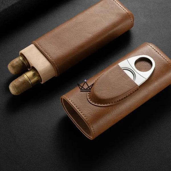 Étui à cigares Mirlos Wood — cuir & cèdre espagnol, 2 ou 3 cigares, coupe-cigare inclus, 2 cigares / Café