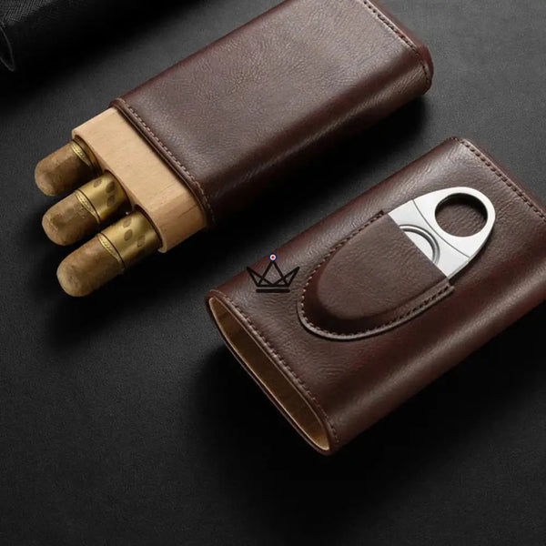 Étui à cigares Mirlos Wood — cuir & cèdre espagnol, 2 ou 3 cigares, coupe-cigare inclus, 3 cigares / Chocolat
