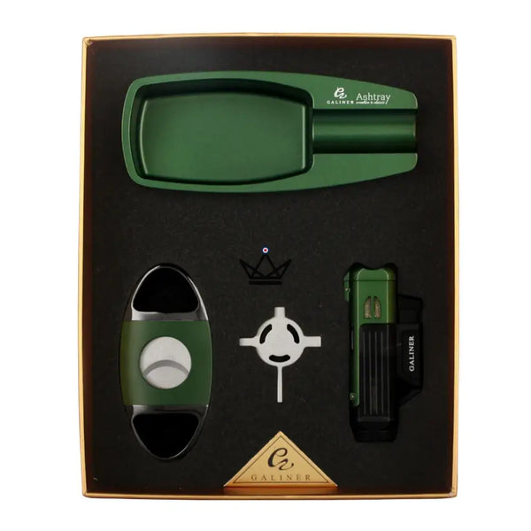 Zigarren-Set ALISTAIR — Feuerzeug Torch + Aschenbecher + Zigarrenschneider | Grün · Schwarz · Gelb, Waldgrün / Stahl-Edition