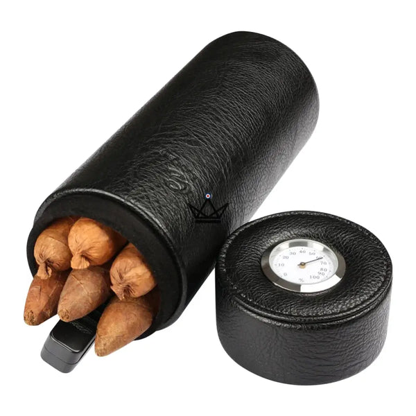 ORBAL Edition Reisehumidor – zylindrisch, Echtes Leder & Zedernholz, 5 bis 10 Zigarren, Schwarz oder Braun – 7/13