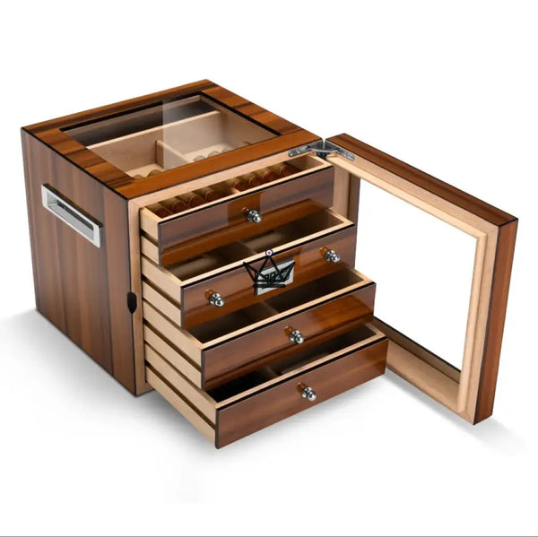 Regalia 100 Cigar Humidor — Spanish Cedar, Glass Window, 3 Cedar Drawers, ~50 Cigars, Digital Hygrometer & Humidifier – 3/9