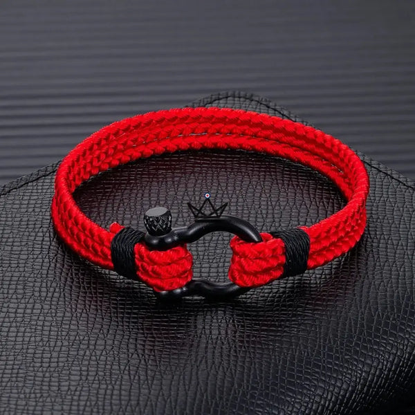 Bracelet cordage tressé à manille marine en acier noir — BOSCO, 1 bracelet / Rouge / S
