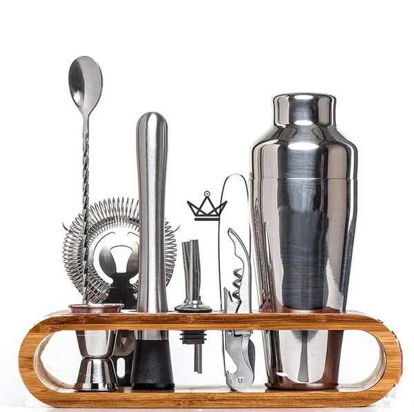 Kit de bar 10 pièces sur présentoir en bambou — MIXOLOGUE, Acier brossé