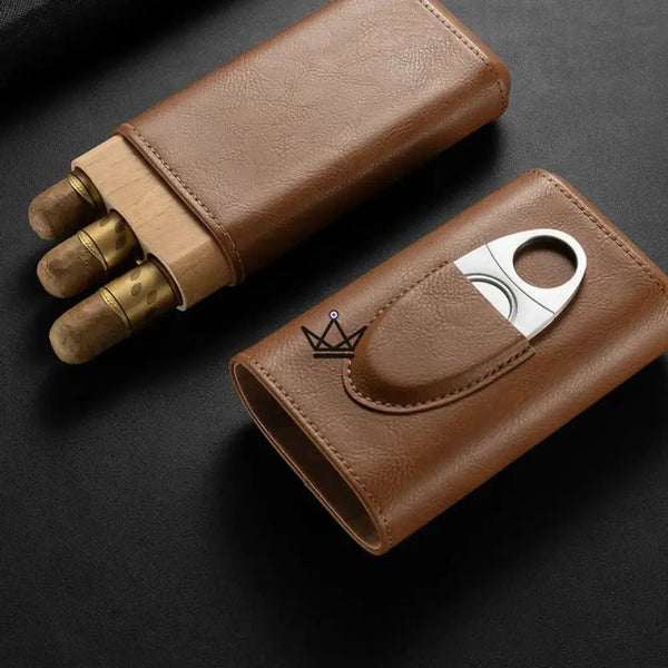 Étui à cigares Mirlos Wood — cuir & cèdre espagnol, 2 ou 3 cigares, coupe-cigare inclus, 3 cigares / Café