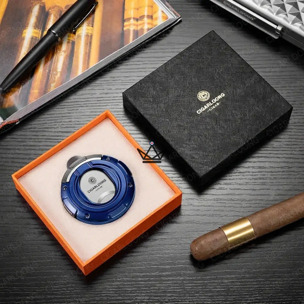 Coupe-cigare rond 2 en 1 coupe droite et coupe en V, coffret cadeau — KUKLOS ORIGINAL, Bleu