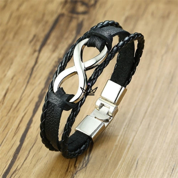 Genuine leather infinity symbol bracelet — INFINITE, Black - Silver