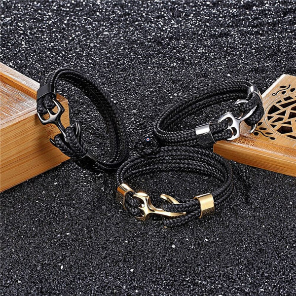 Bracelet double cordage ancre — NEPTUNE TWINS, Noir / Or / 19 cm