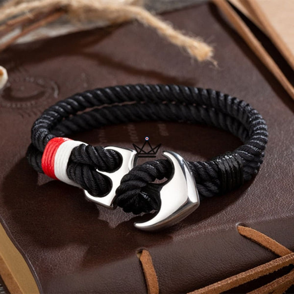 Neptune Marine Bracelet - Silver Anchor & Rope - 19 Colors, 1 bracelet / Black