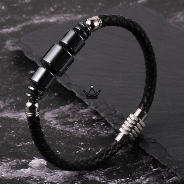 Bracelet en cuir tressé à fermoir magnétique - TITANIUM - - bracelet - Cadeau, Noël, Anniversaire, Original - Atelier Atypique
