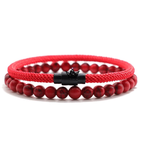 Duo de bracelets cordon et onyx — ELEMENTARY STONE, Rouge / XS - 16.5 cm