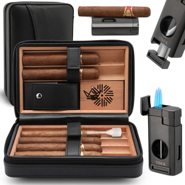 Pack Cave à cigare de voyage en cuir + Briquet - TISFA STYLE - - cave a cigare - Cadeau, Noël, Anniversaire, Original - Atelier Atypique