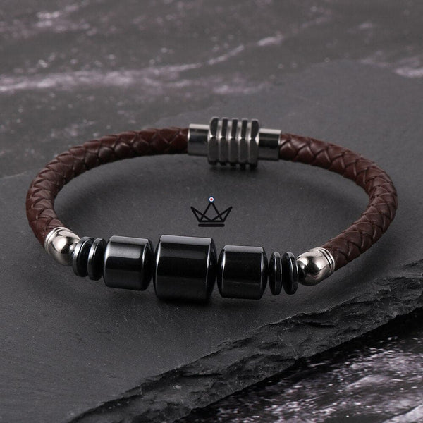 Armband aus Rindsleder und Metallmodulen — TITANIUM, Braun schwarz / 18 cm