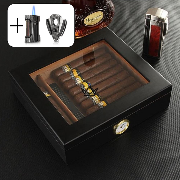 Cave à cigares JANGO — vitrée 20 cigares, cèdre espagnol & humidificateur