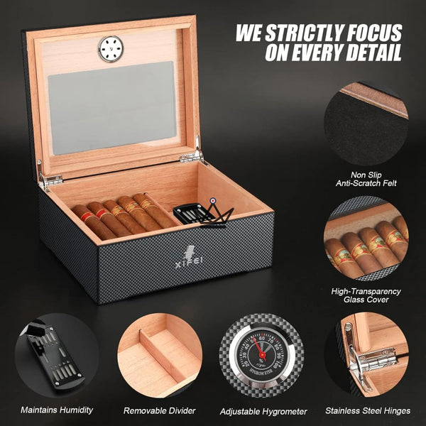 Zigarren-Humidor aus Carbonfaser mit Zubehör, 60 Zigarren - SHADOW PRESTIGE