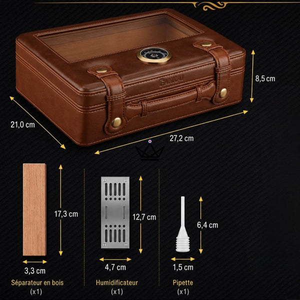 Prestige Traveler Cigar Humidor — Gold Brass, Spanish Cedar, 50 Cigars, Glass Top, Hygrometer & Crystal Humidifier
