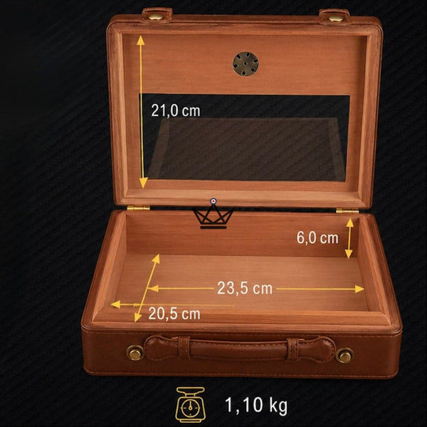 Prestige Traveler Cigar Humidor — Gold Brass, Spanish Cedar, 50 Cigars, Glass Top, Hygrometer & Crystal Humidifier