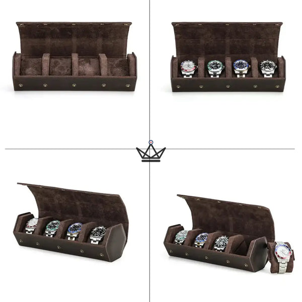 Etui de voyage personnalisable pour montre automatique en cuir - Voyageur Hexagone - ["Maroquinerie Personnalisable"] - etui montre personnalisable - Cadeau, Noël, Anniversaire, Original, Fête des pères, fête des mères - Atelier Atypique