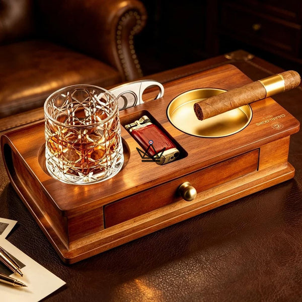 Cendrier Cigare Bois Massif Emplacement Whisky Tiroir - Whisky Butler