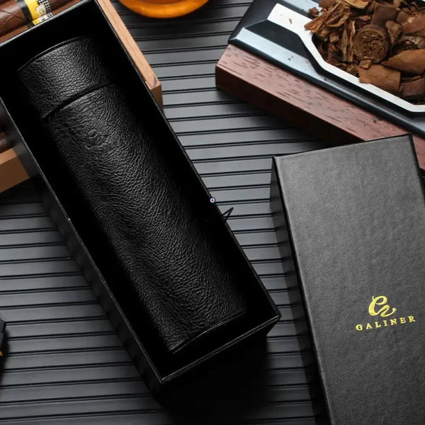 ORBAL Edition Reisehumidor – zylindrisch, Echtes Leder & Zedernholz, 5 bis 10 Zigarren, Schwarz oder Braun, Schwarz