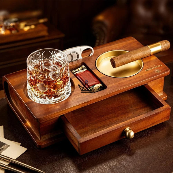 Cendrier Cigare Bois Massif Emplacement Whisky Tiroir - Whisky Butler
