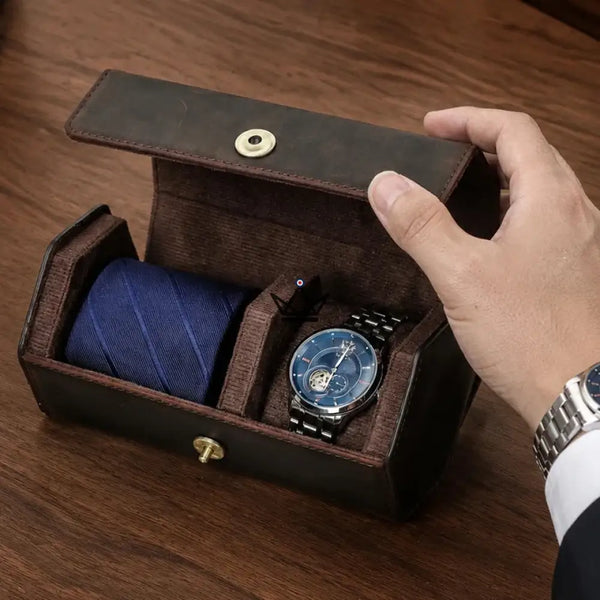 Customizable leather watch and tie travel case - GENTLEMAN COMPACT Traveler