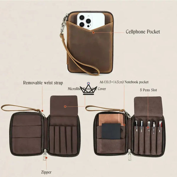 Leather Pocket Organizer - Customizable Pens & Notebooks - VOYAGEUR Plume