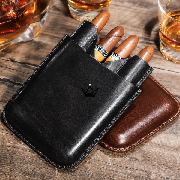 Personalizable leather 4-cigar case — Elixir Traveler, Black