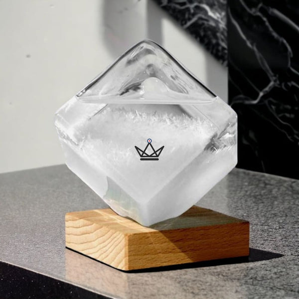 Glass cube storm glass barometer on wooden base - FROST