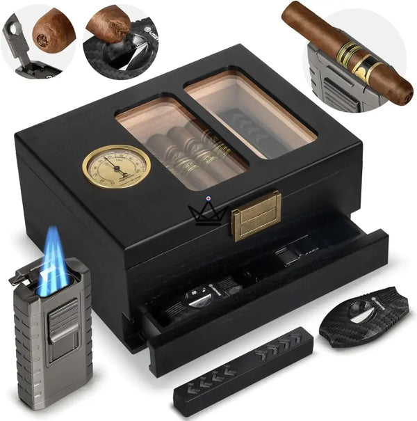 Glass-top cedar cigar humidor with drawer and 3-torch lighter, 20 to 35 cigars — CARTEL, Default Title