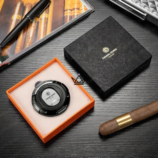 Coupe-cigare rond 2 en 1 coupe droite et coupe en V, coffret cadeau — KUKLOS ORIGINAL, Noir