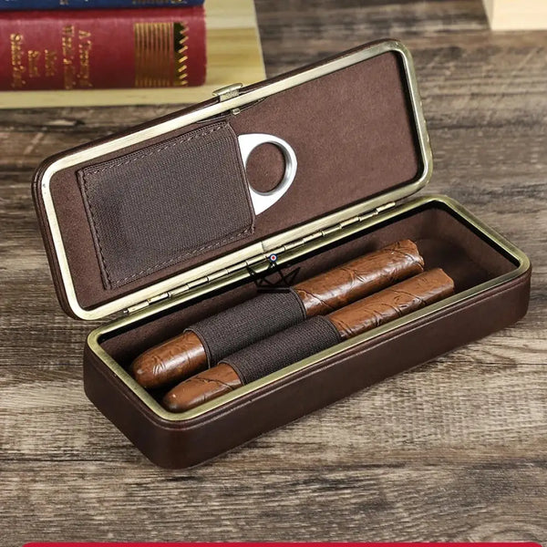 Étui 2 cigares en cuir personnalisable avec fermoir — Voyageur ÉCRIN, Tandem (Étui + coupe-cigare)